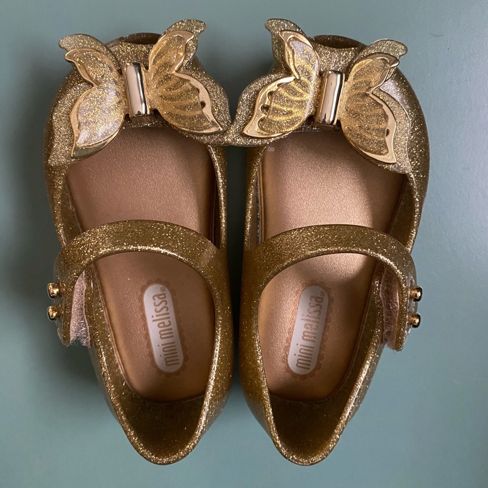 NEW Mini Melissa Gold Glitter Butterfly Shoes, 5